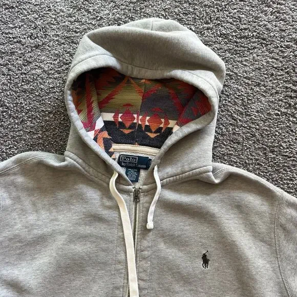 Polo by Ralph Lauren Men's Grey Full Zip Hoodie with Patterned Hood Lining