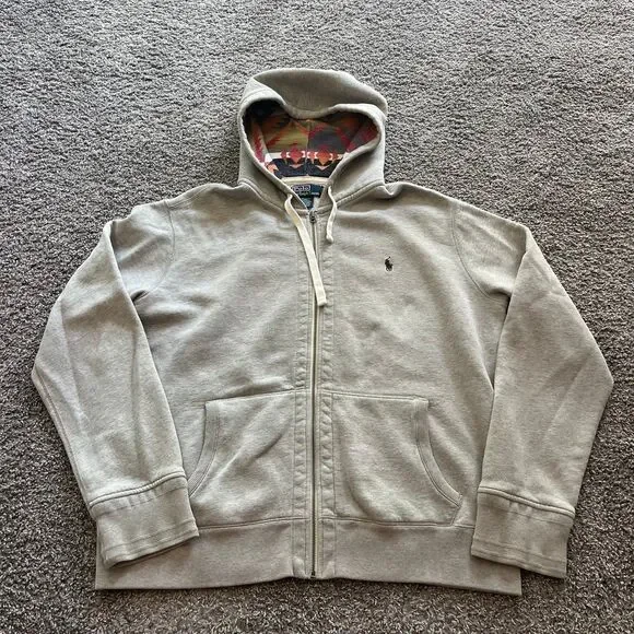 Polo by Ralph Lauren Men's Grey Full Zip Hoodie with Patterned Hood Lining 2